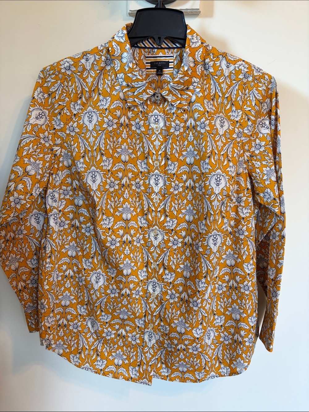 Talbots Plus 1X Floral Button Down Shirt Mustard Gold Navy 100% Cotton Fall